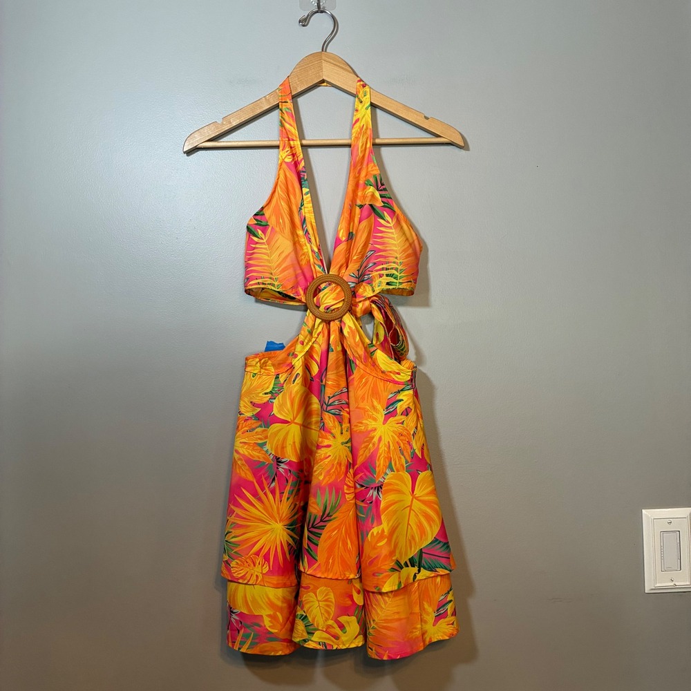 SHEIN VCAY Tropical Floral Cut-Out Halter High-Low Dress Orange Pink Size M NWT